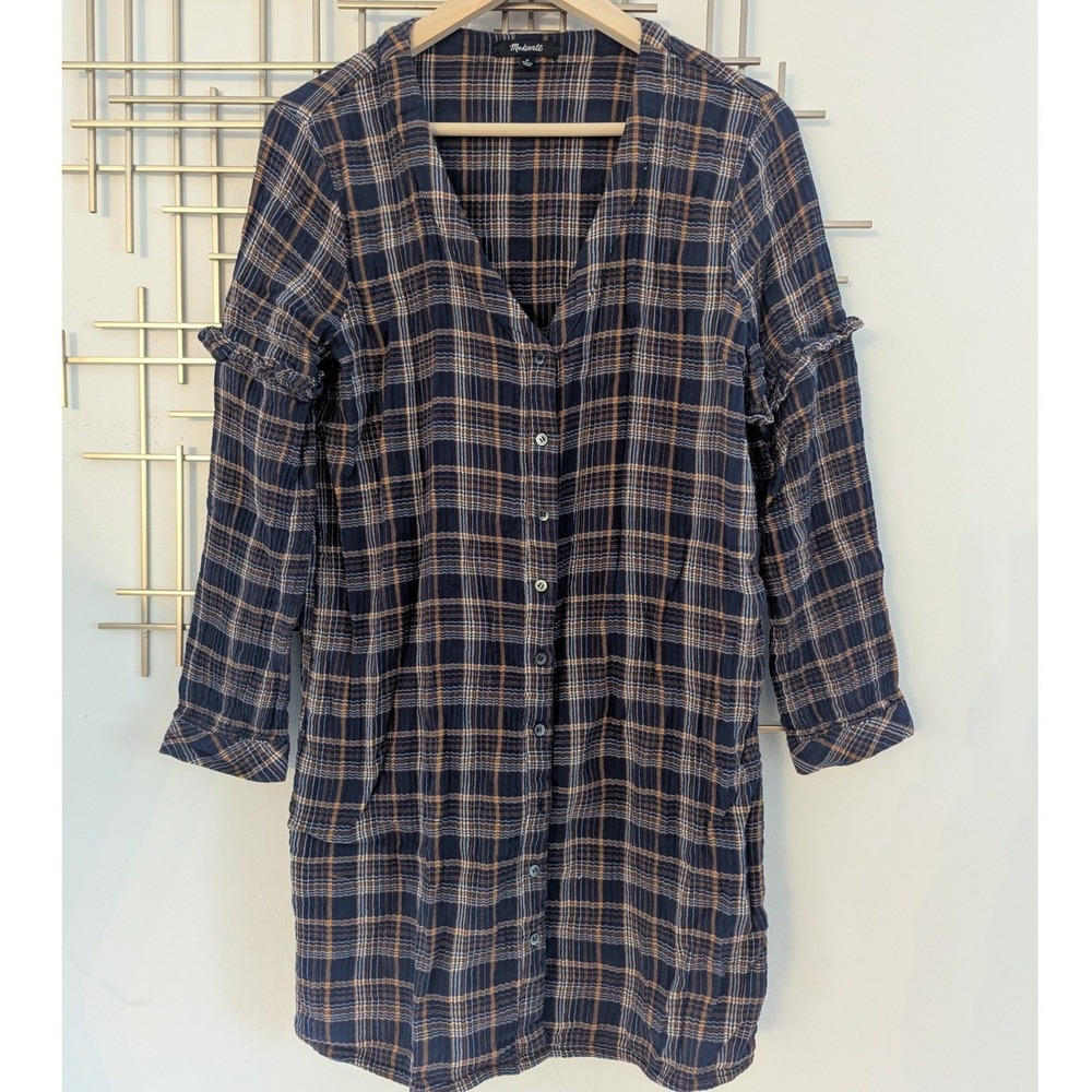 Madewell Flannel Shirt Dress Navy Blue Yellow Plaid Ruffle Button Front Sz M